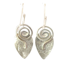 Load image into Gallery viewer, Cloud Dreams Collection spiral earrings in fine silver showcasing a teardrop design, handmade and unique.