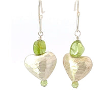 Load image into Gallery viewer, Sterling Silver Domed Heart shaped Earrings with peridot Gems. 2 3/4" long
