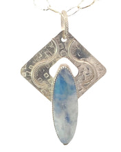 Load image into Gallery viewer, Handmade moonstone pendant with intricate silver bezel and textured base, 21" sterling silver chain.