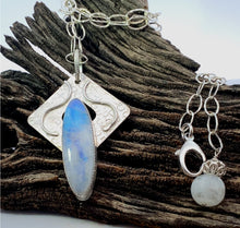 Load image into Gallery viewer, Slice of Moonlight moonstone pendant on textured sterling silver chain, handmade in Arizona with gemstone accents.