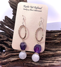 Load image into Gallery viewer, amethyst and moonstone earring on romance card