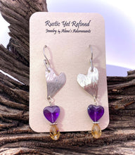 Load image into Gallery viewer, Buried Treasure Amethyst and Citrine Heart sterling earrings 2 1/8" long