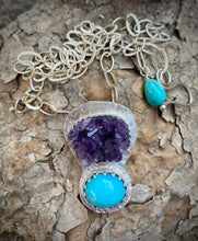 Load image into Gallery viewer, Turquoise and amethyst geode pendant 