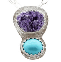 Load image into Gallery viewer, arizona turquoise and geode pendant. rustic jewelry design. amethyst geode pendant. february birthstone jewelry