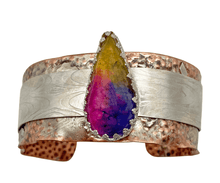 Load image into Gallery viewer, 'Memories of Childhood' Rainbow Solar Quartz Copper & Sterling cuff bracelet 1" wide