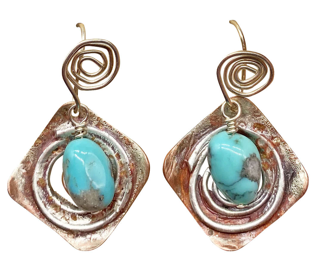 Copper, Sterling and Turquoise gemstone Earrings. Sacred Spiral Collection