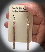 Load image into Gallery viewer, super skinny earrings in copper and silver shown on card
