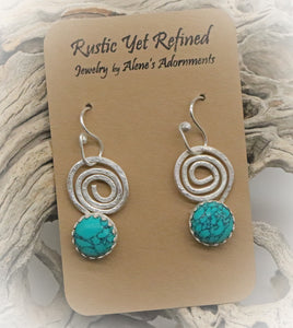 Sterling and Natural Turquoise gemstone Earrings. Sacred Spiral Collection