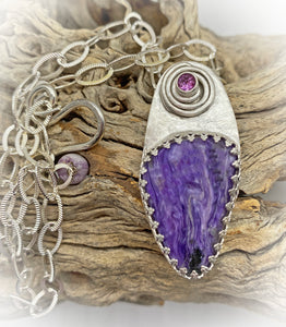 sterling and charoite pendant with tourmaline gem