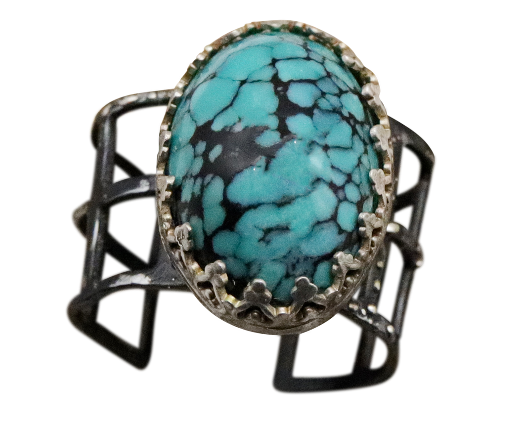 'Magnificent Southwest' Silver and Steel natural turquoise ring. Size 7