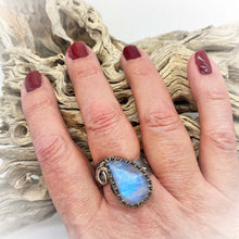 Load image into Gallery viewer, aantiqued moonstone ring shown on hand