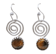 Load image into Gallery viewer, spiral sterling earrings with tigers eye