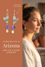 Load image into Gallery viewer, Buried Treasure Amethyst and Citrine Heart sterling earrings 2 1/8" long