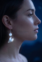 Load image into Gallery viewer, 'Slice of Moonlight' Moonstone and heart Sterling Silver Earrings. 2 1/4" long