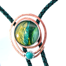Load image into Gallery viewer, Bolo tie with dichroic glass and copper loops 