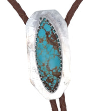 Load image into Gallery viewer, Bolo tie with turquoise stone and brown leather strap on a white background