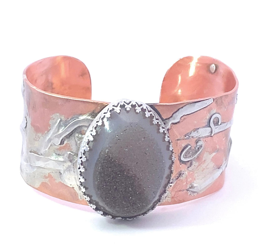 Copper, Sterling and Druzy Quartz Cuff Bracelet