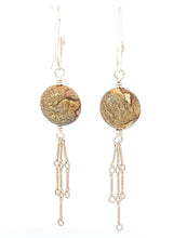 Load image into Gallery viewer, Pair of earrings with stone beads and chain extensions on a white background
