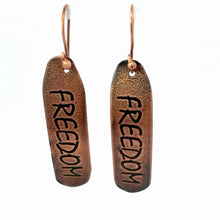 Load image into Gallery viewer, Patriot Collection. Antiqued Copper FREEDOM earrings 2" long