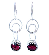 Load image into Gallery viewer, Silver earrings with circular designs and red  garnet gemstone
