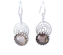 Load image into Gallery viewer, Smoky Quartz Fine Silver Sacred Spiral Earrings. 1 1/4&quot; long