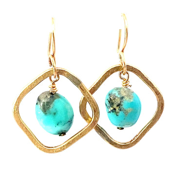 Gold earrings with turquoise stones on a white background