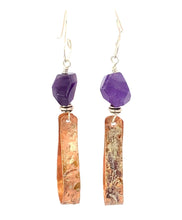 Load image into Gallery viewer, Buried Treasure Copper and Sterling Amethyst Earrings. 2 3/4&quot; long