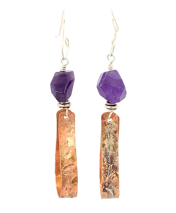 Buried Treasure Copper and Sterling Amethyst Earrings. 2 3/4