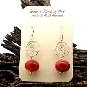 'South Seas Treasure' Sacred Spiral Carnelian earrings 1 5/8" long