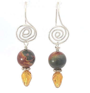 Enchanted Woodland Red Creek Jasper Spiral Earrings 1 3/4