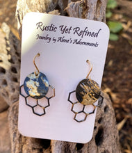 Load image into Gallery viewer, golden honeycomb earrings on romance card