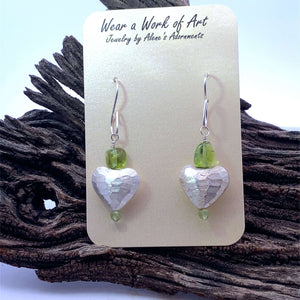 Sterling Silver Domed Heart shaped Earrings with peridot Gems. 2 3/4" long