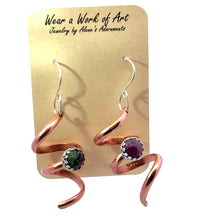 Load image into Gallery viewer, Copper spiral earrings with gemstones on a display card with 'Wear a Work of Art' text.