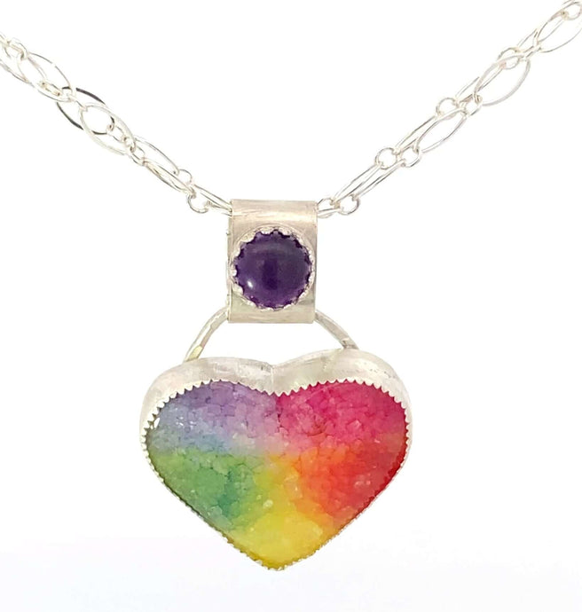 'Memories of Childhood' Solar Quartz and amethyst Heart Pendant. 1 1/2