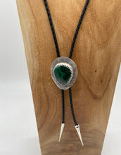 Load image into Gallery viewer, Bolo tie with green stone on a wooden block