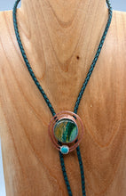 Load image into Gallery viewer, Bolo tie with dichroic glass and amazonite  bead on a wooden mannequin