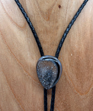 Load image into Gallery viewer, Black braided leatherbolo tie with a silver and gray druzy gem
