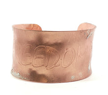 Load image into Gallery viewer, copper cuff bracelet with 'FREEDOM' engraving on a white background