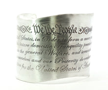 Load image into Gallery viewer, Silver cuff bracelet with engraved text on a white background
