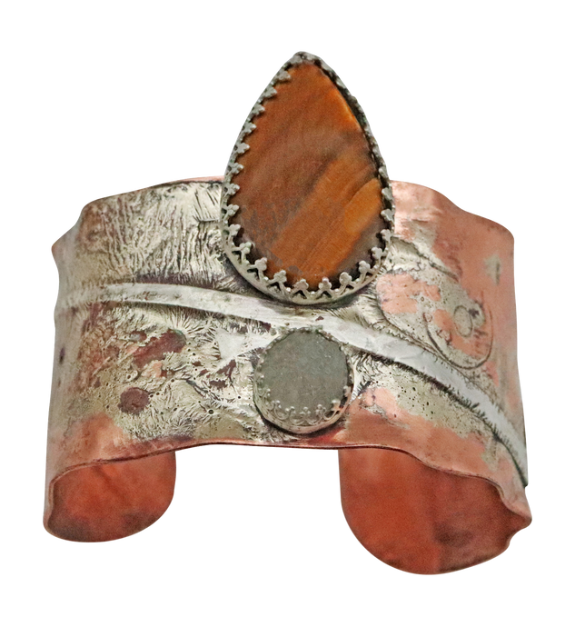 Copper, Sterling, Tiger Eye and Druzy Quartz Cuff Bracelet