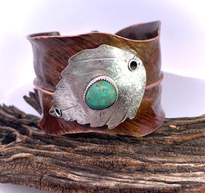 Copper, Sterling and Natural Turquoise Cuff Bracelet