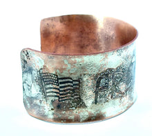 Load image into Gallery viewer, 'FREEDOM' Copper and silver Cuff Bracelet with American flag etching handcrafted in Arizona, unique design.