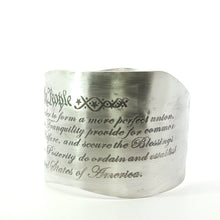 Load image into Gallery viewer, Silver cuff bracelet with engraved text on a white background