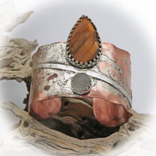 Load image into Gallery viewer, Copper, Sterling, Tiger Eye and Druzy Quartz Cuff Bracelet