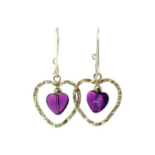 Load image into Gallery viewer, Buried Treasure Sterling heart and Amethyst Earrings. 1 5/8" long