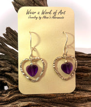 Load image into Gallery viewer, Buried Treasure Sterling heart and Amethyst Earrings. 1 5/8" long
