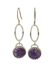 Load image into Gallery viewer, Pair of silver earrings with purple charoite gemstones 