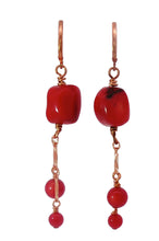 Load image into Gallery viewer, Coral Gemstone copper earrings 2 3/8" long