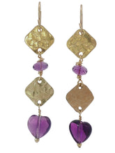 Load image into Gallery viewer, A pair of dangling earrings with textured gold-fill  charms and faceted purple amethyst gems