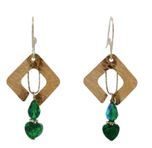 Load image into Gallery viewer, A pair of handmade dangle earrings featuring textured hammered gold fill metal diamond-shaped pendants with malachite faceted beads dangling below, 